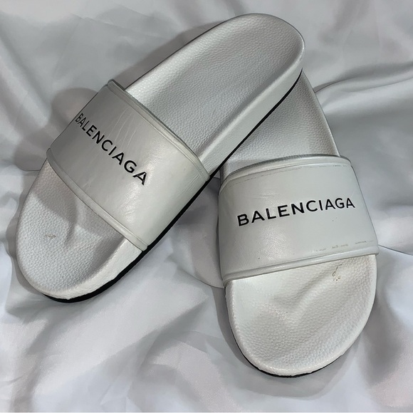 BAKENCIAGA size 45 white leather & rubber POOL SLIDE sandal flip flops - Picture 7 of 10